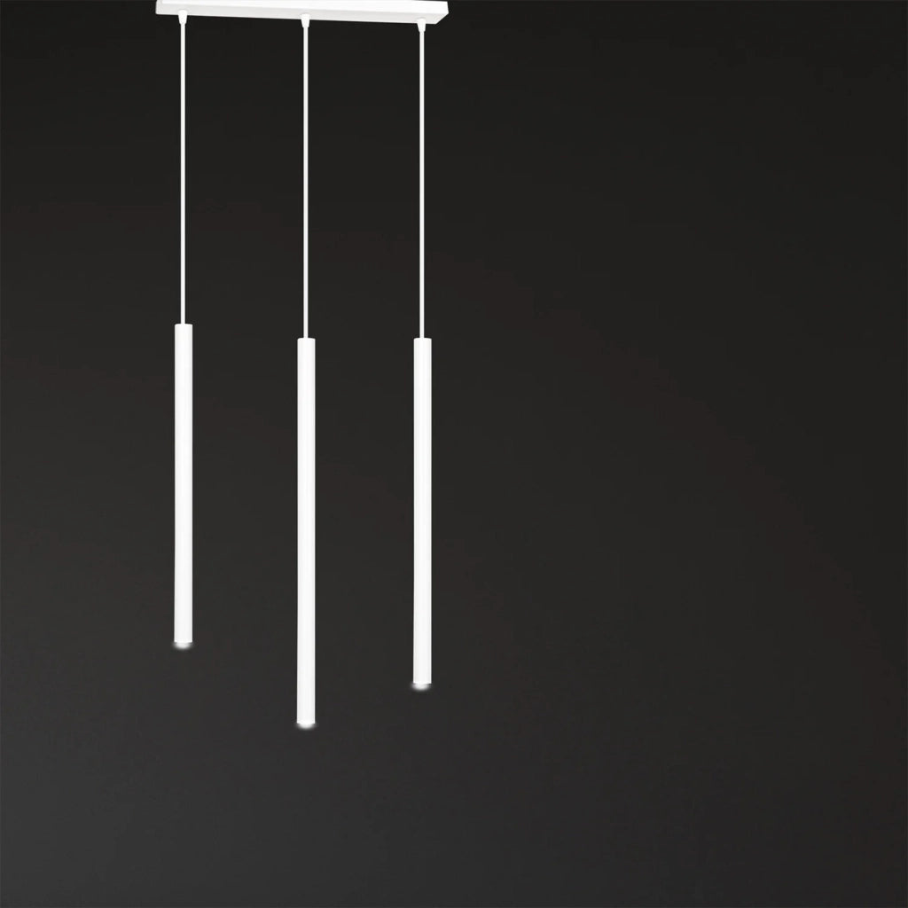 Lampadario 3 Luci Moderno Shu Acciaio Bianco E Paralumi A Cilindri Sottili
