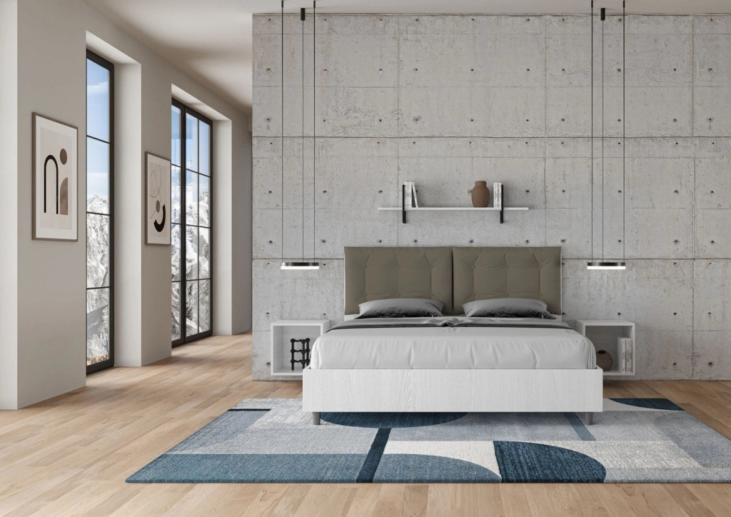 BS COM Letto matrimoniale con rete 160x200 bianco frassino cuscini similpelle cappuccino