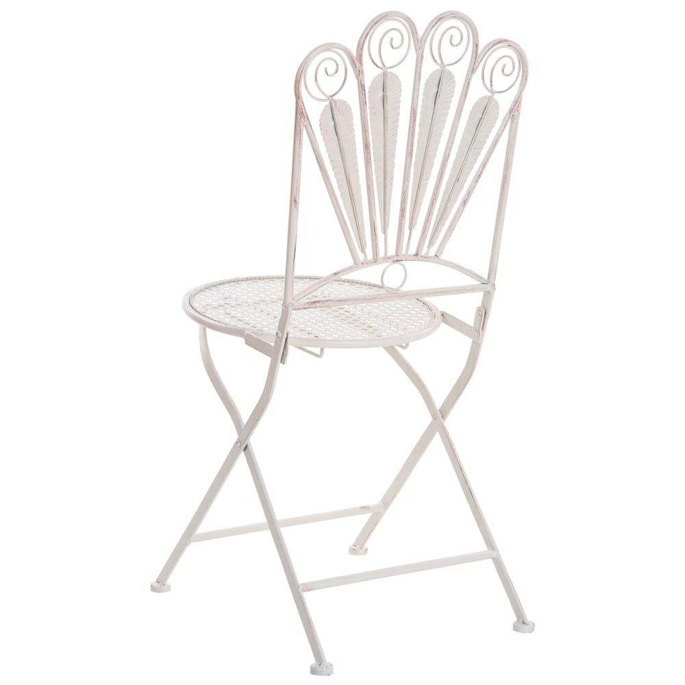 Set da giardino per bistrot Tavolo, panca e sedie in metallo verniciato a polvere bianco sporco Motivo pavone Effetto invecchiato
