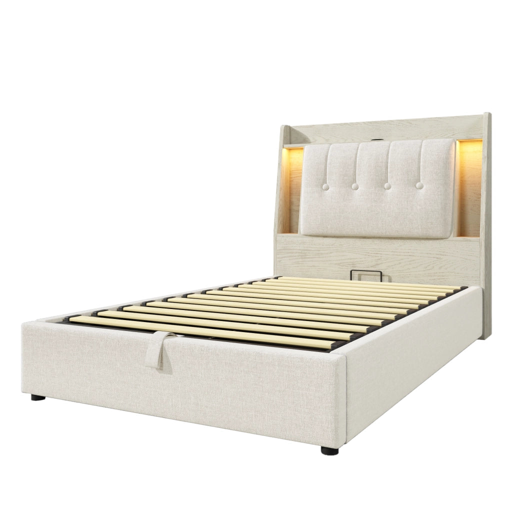 Letto singolo imbottito 90x200cm con ricarica LED e USB C in lino beige