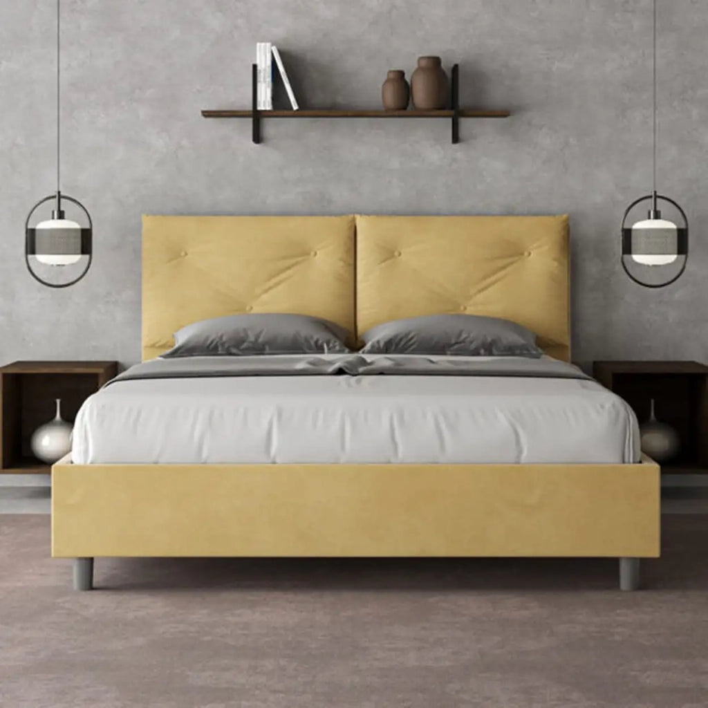 Letto matrimoniale con rete imbottito 160x200 microfibra ocra Appia