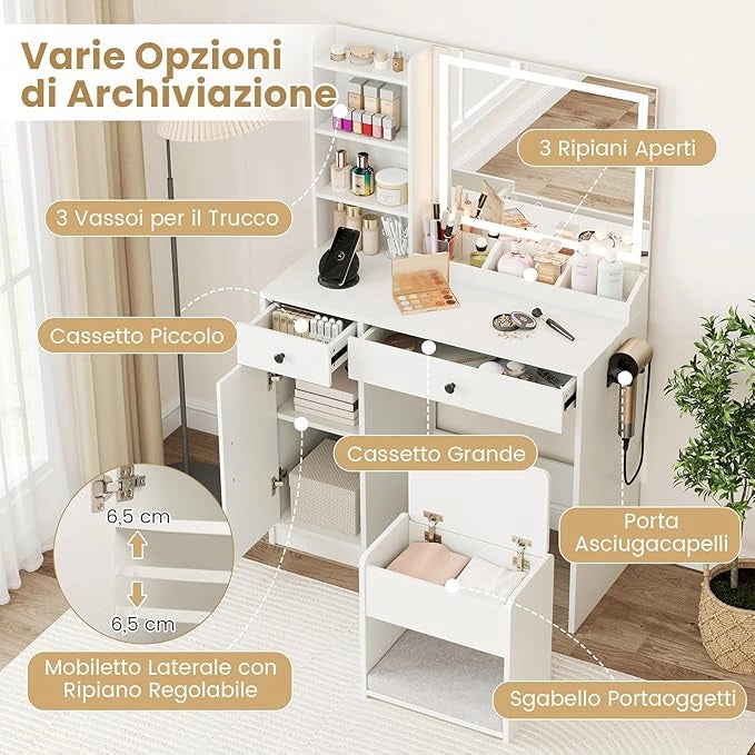 Tavolo da Toeletta con Luci, Set Tavolo e Sgabello con Stazione di Ricarica, Luci a 3 Colori, 2 Cassetti, 3 Ripiani, Sgabello con Contenitore, 90 x 40 x 135 cm, per Soggiorno Camera da Letto