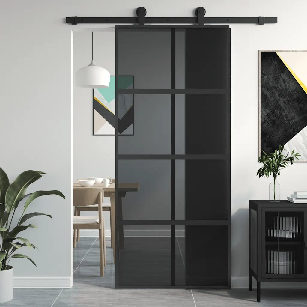 Porta Scorrevole Nera 90x205 cm in Vetro Temperato e Alluminio 155226