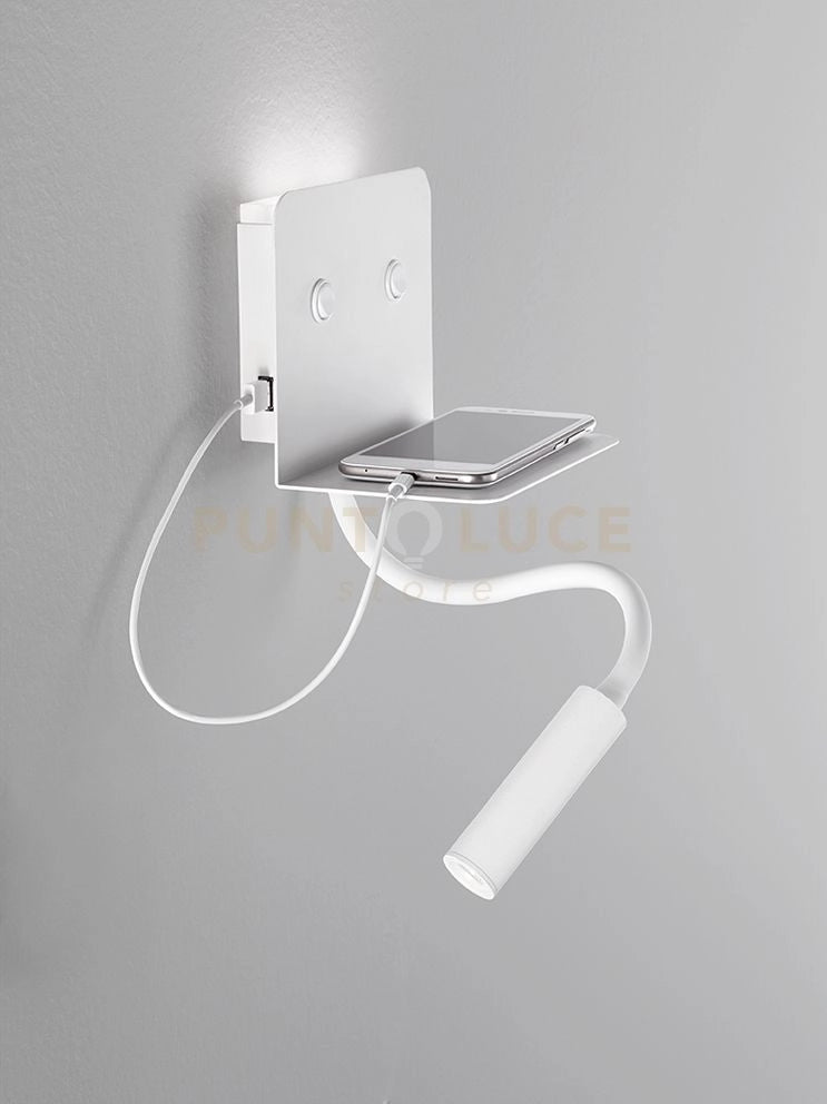 Applique in metallo verniciato bianco Level LED 6W + 3W faretto spot 3000K CRI?80 220-240V 50/60Hz 309Lm + 147Lm faretto spot Doppio interruttore on/off sulla base Porta USB (5V 0.6A)