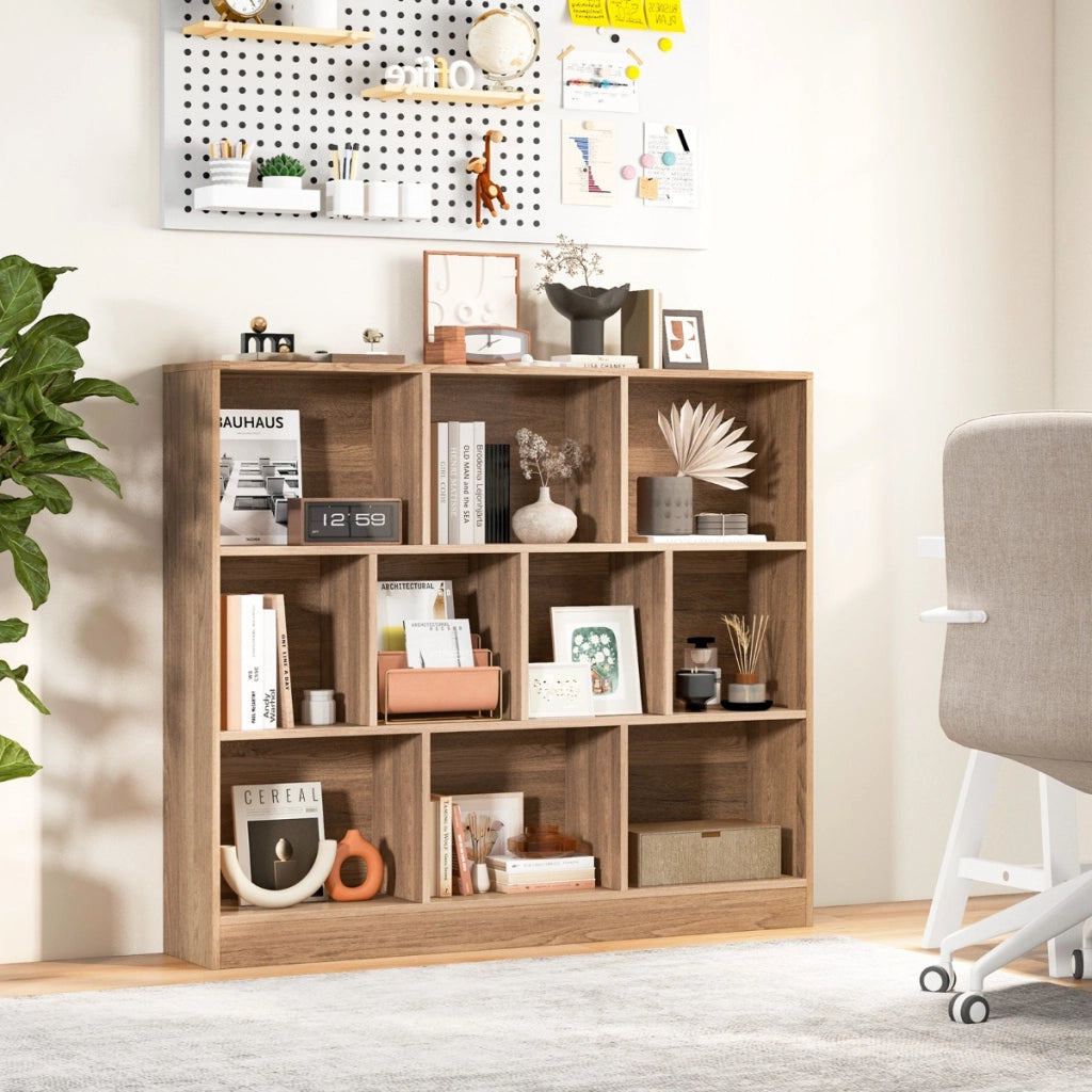 Libreria a 10 cubi con 2 kit anti-ribaltamento, Organizzatore di stoccaggio a 3 ripiani in legno alto 104cm Naturale