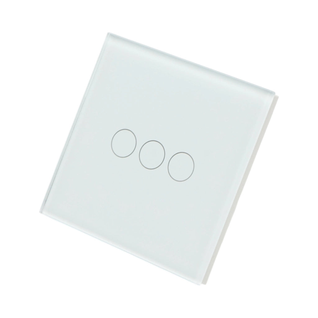 Interruttore a triplo tocco, bianco, 220V, spia luminosa, cornice in vetro 86x86x34mm