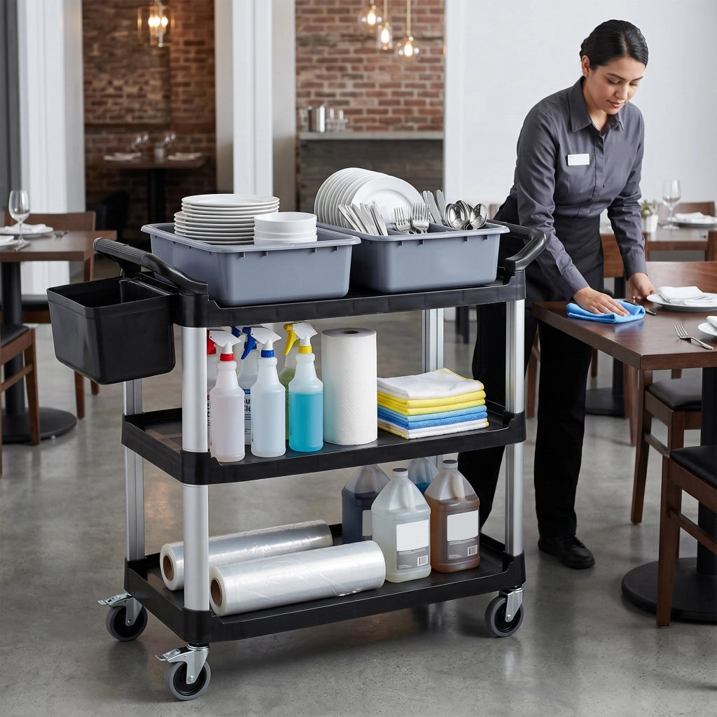 Carrello Pulizie Professionale 115x50x100 cm a 3 Ripiani con 2 Contenitori Rimovibili Bidone Laterale e 4 Ruote in PP