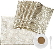 Set di tovaglie per tavola in PVC da 6 pezzi, lavabile, anti-scottatura e anti-slip, dimensioni 45x30cm, disegno a foglia Jacquard per tavola da pranzo e cucina.