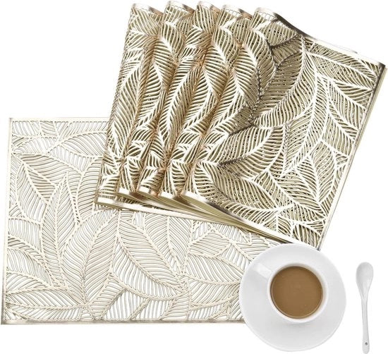 Set di tovaglie per tavola in PVC da 6 pezzi, lavabile, anti-scottatura e anti-slip, dimensioni 45x30cm, disegno a foglia Jacquard per tavola da pranzo e cucina.