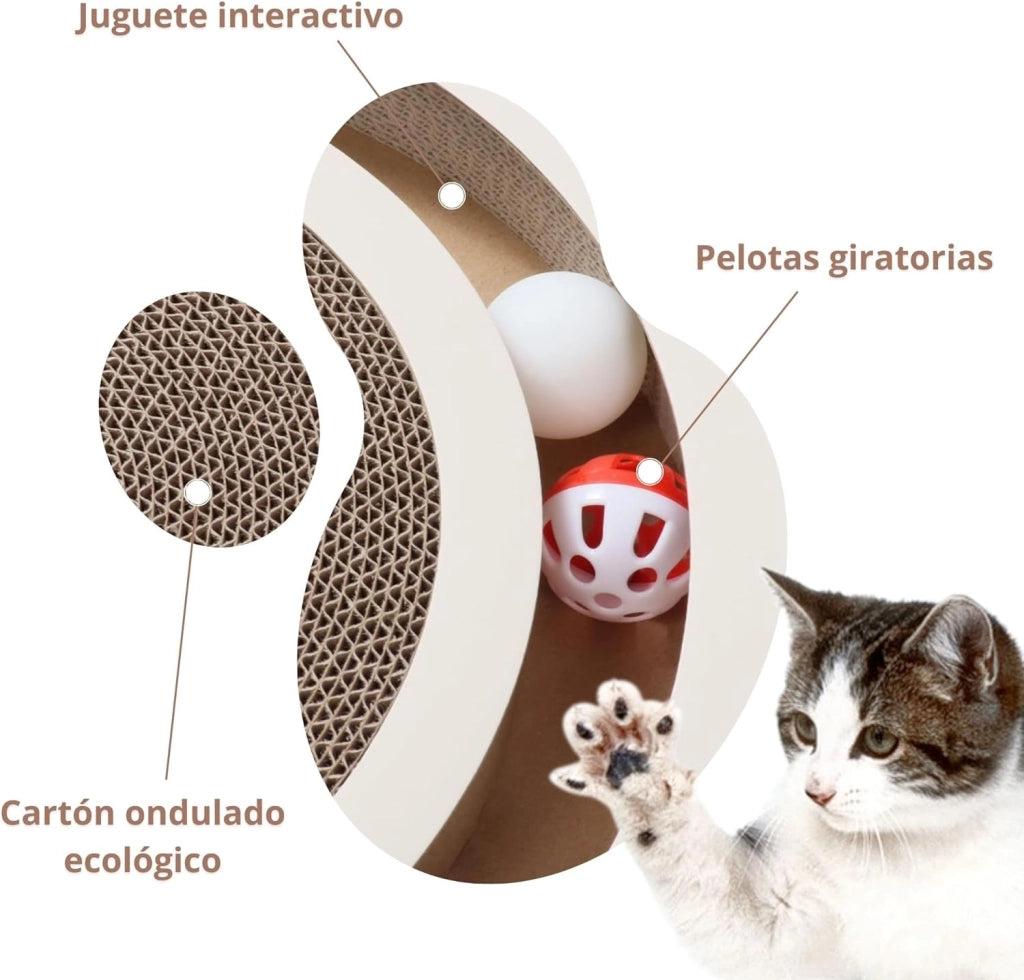 Gioco tiragraffi per gatti TIMÓN, base antiscivolo in cartone riciclato e palline rotanti 40 x 40 x 5 cm