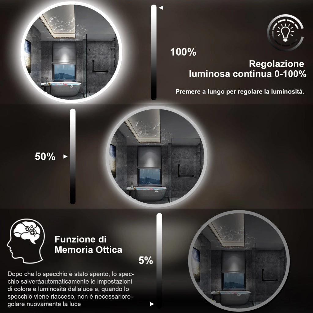 specchio 70 cm rotondo con luce led antiappannamento e touch