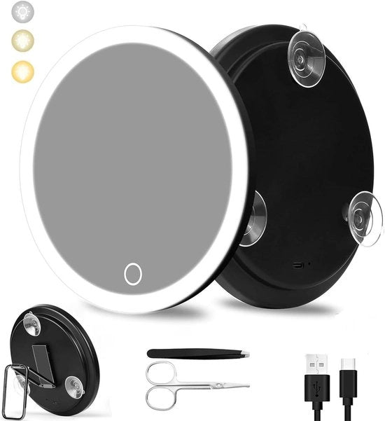 Specchio di trucco elettronico con illuminazione, 3 modalità di colore e regolazione dell'intensità, ingrandimento 30x, base per tavolo, 3 ganci di fissaggio