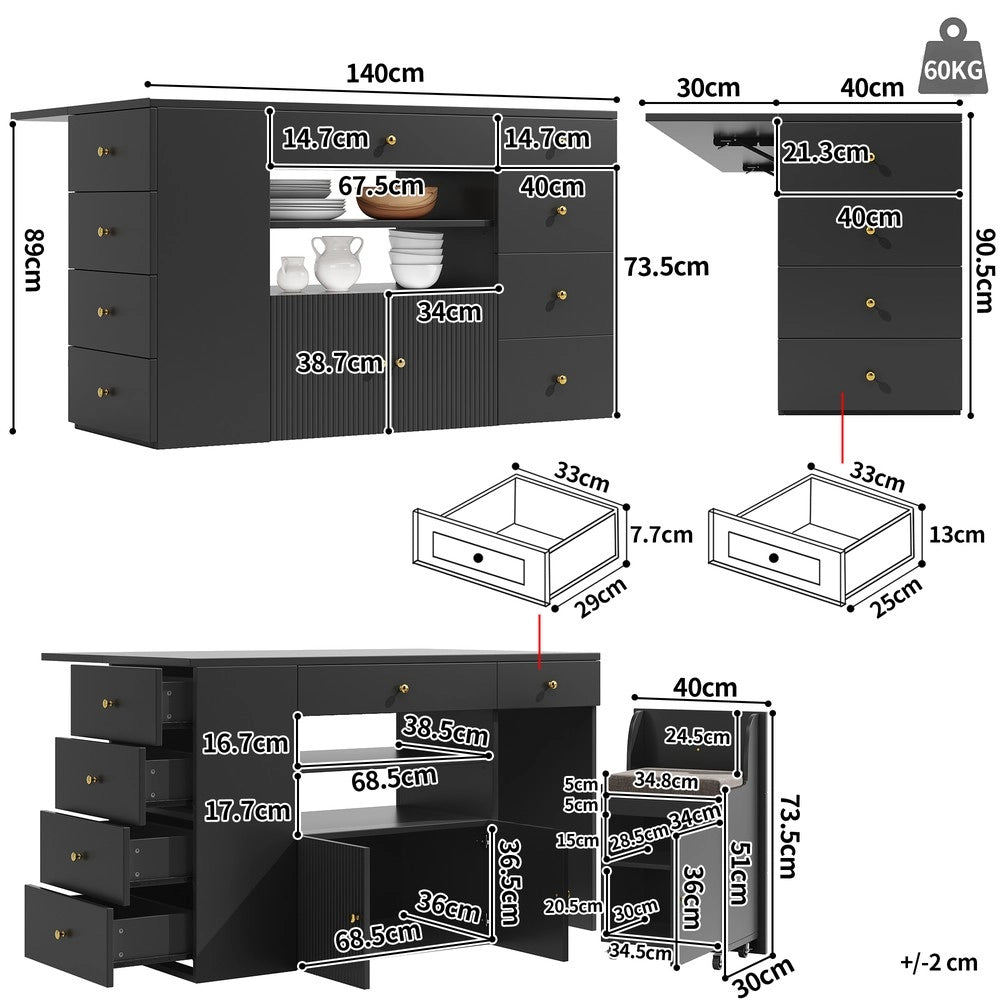 Isola Cucina con Sgabelli e Cassetti ¨C Xylo ¨C Bianco/Nero, 140x40x89 cm