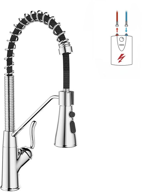 Lagedruk Keukenkraan 360°, 3 Aansluitingen per Boiler, Mengkraan Keuken con 2 Posizioni per Doccia, Materiale Coperchio e Maniglia in Ottone, Chiusura in Acciaio Inox