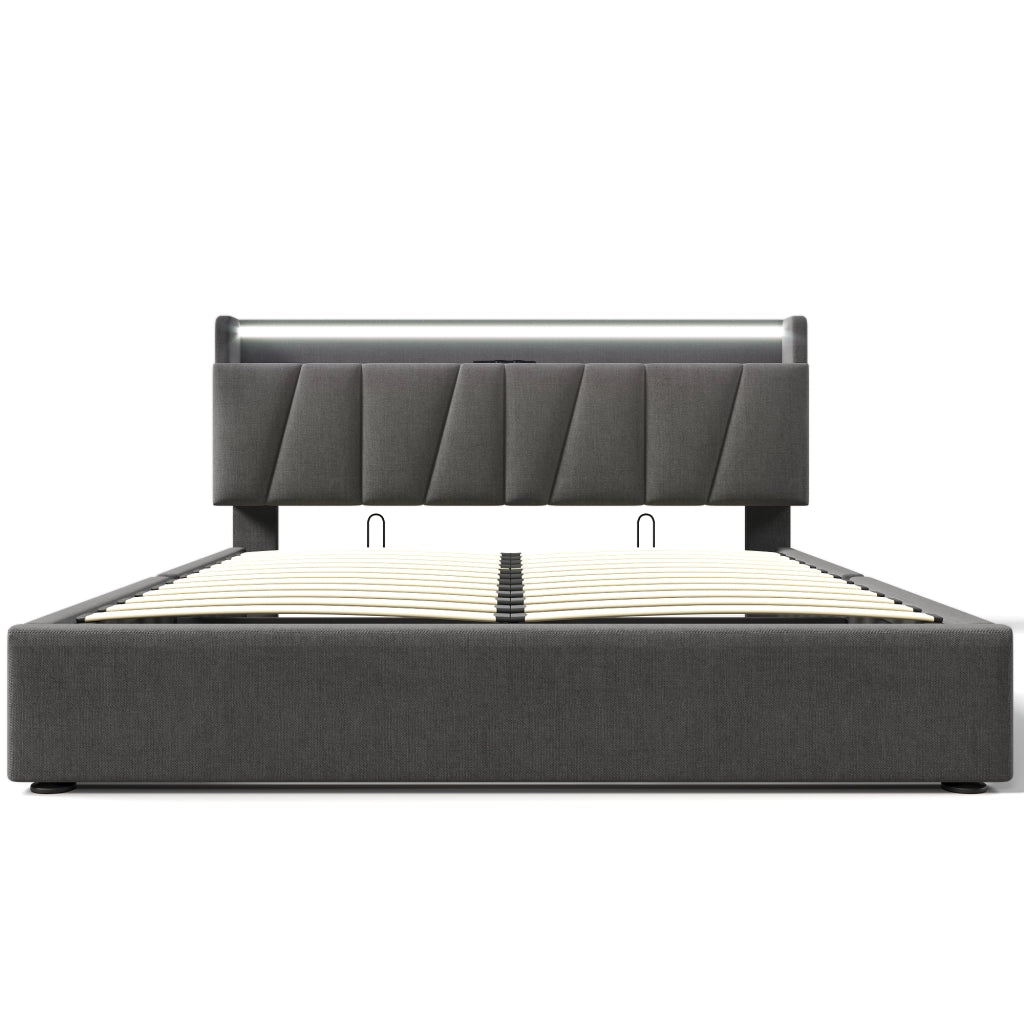 Letto doppio imbottito; 160x200cm; con testiera USB e LED; grigio