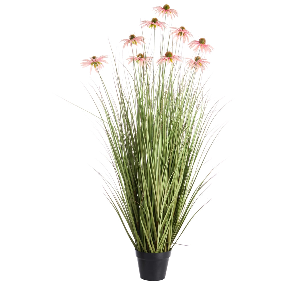 Pianta artificiale in vaso con erba rosa e rudbeckia in plastica nera 120 cm  Accessorio decorativo per interni