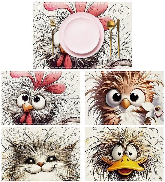 Set di piatti per animali da 4 pezzi - Lavabile - Antiscivolo - Lino - 45 x 30 cm - Stampato digitale HD - Piatti per piatti