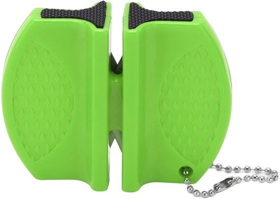 Strumento per Affilare Coltelli Portatile - Doppio - Manico Antiscivolo - Materiale di Alta Qualità - Steli Ceramici - Catena a Gancio - Affilatrici Coltelli