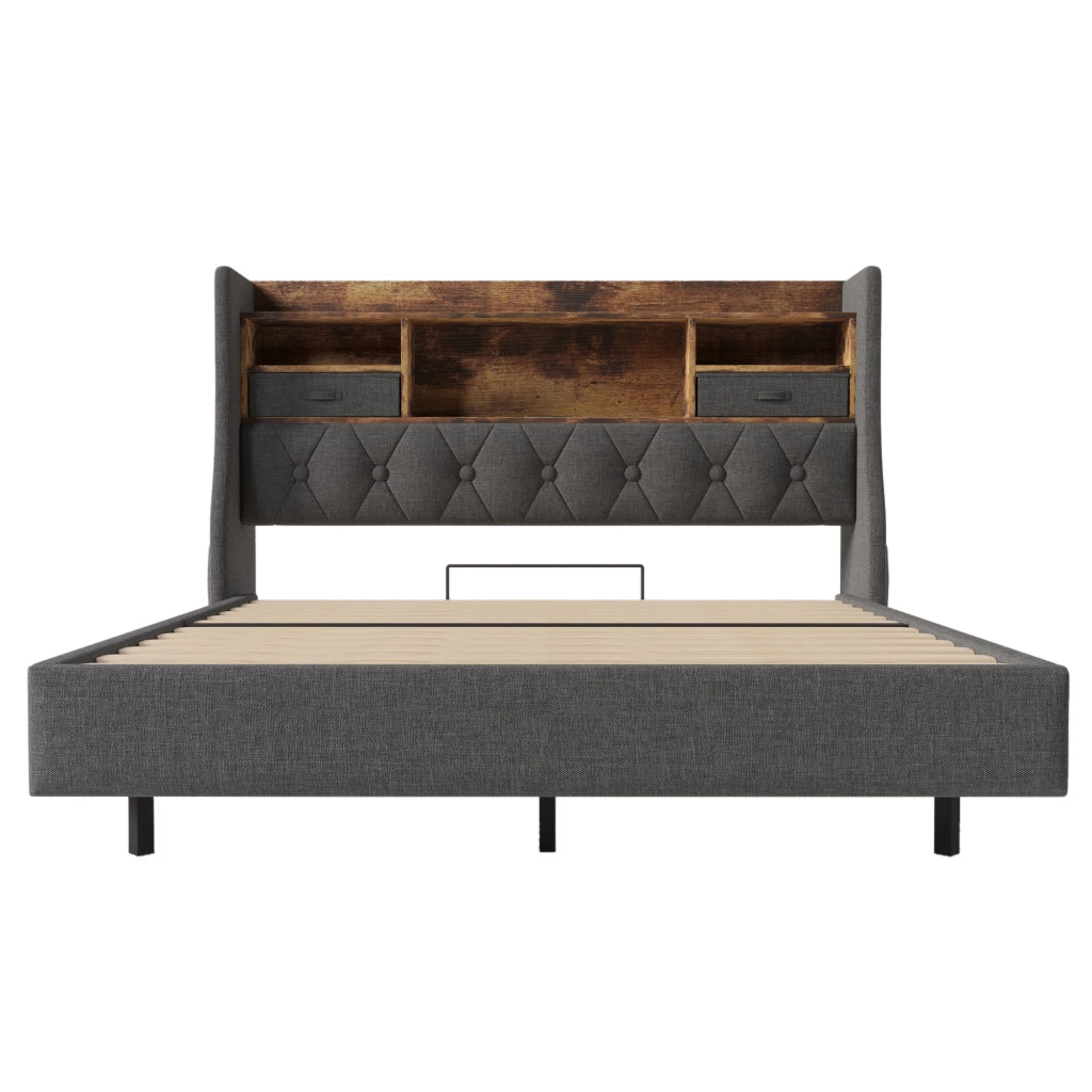 OKWISH Letto Imbottito 160×200 cm, Letto Matrimoniale con LED Regolabile, USB, Type C e Mensola Contenitore, senza Materasso, in Lino, Grigio