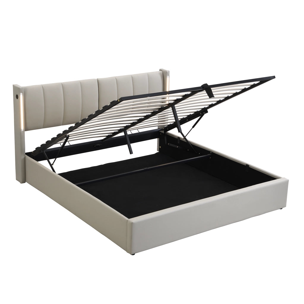 Letto imbottito con LED, USB e contenitore 140 x 190 cm, PU grigio