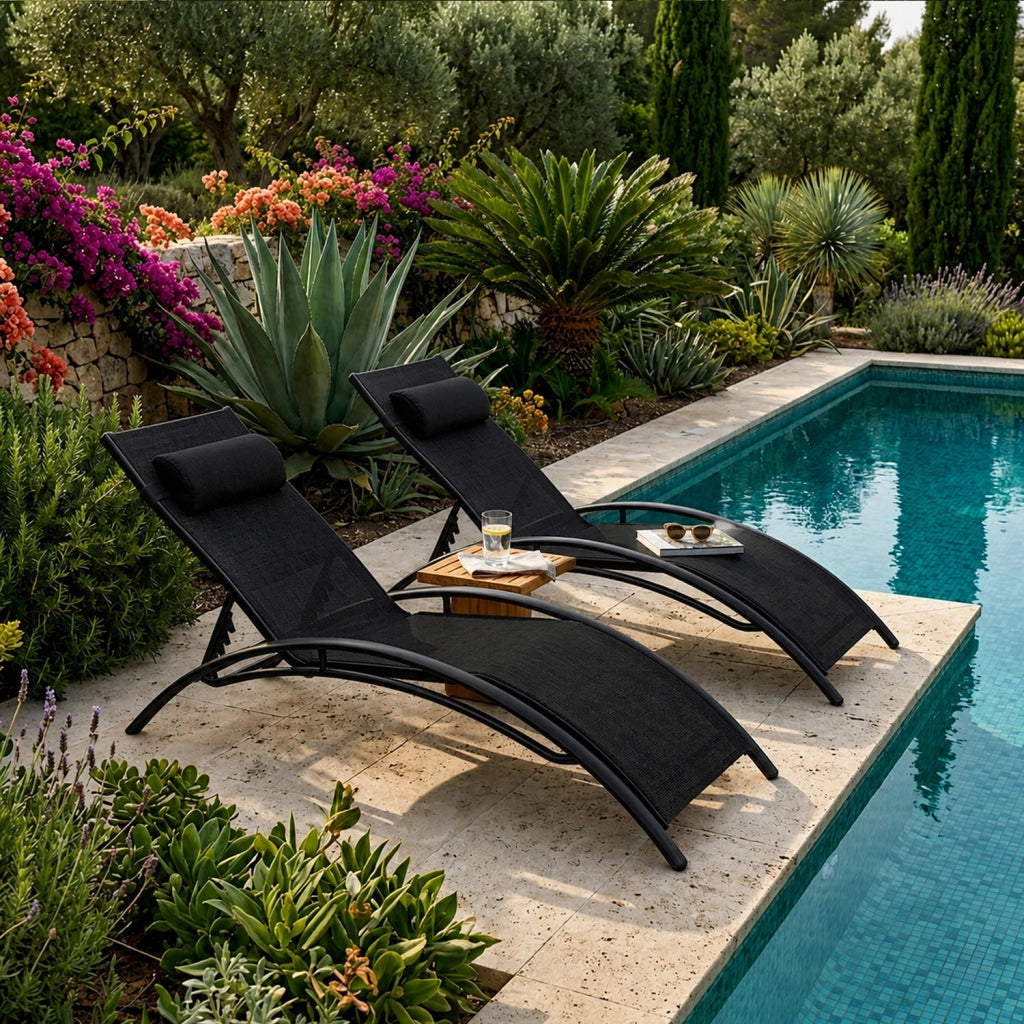 Set 2 Lettini Reclinabili Da Piscina Con Schienale Regolabile 5 Posizioni In Textilene Traspirante Per Giardino Terrazza Outdoor 59 x 158 x 81.5 Cm Nero
