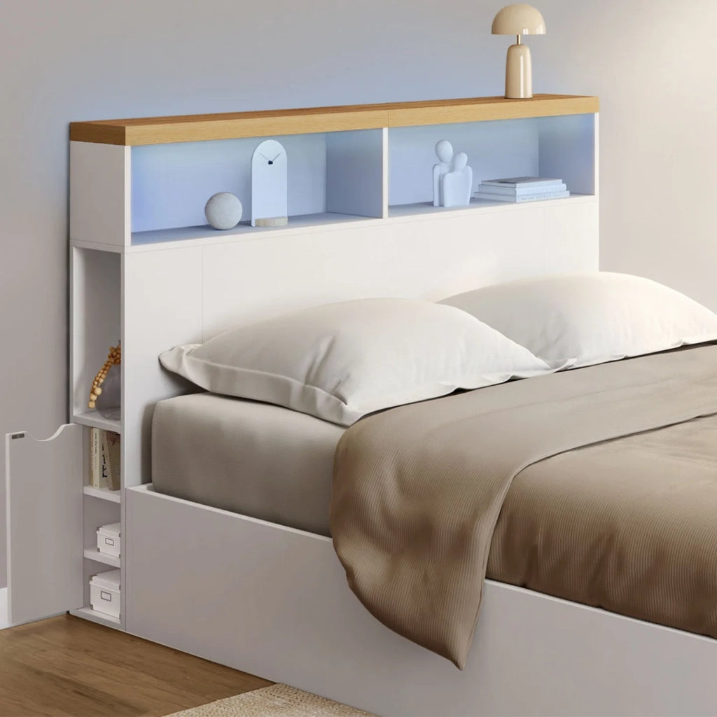 IDMarket - Testiera LUNA 145 cm LED con vani contenitori chiusi e nicchie bianche e top effetto legno