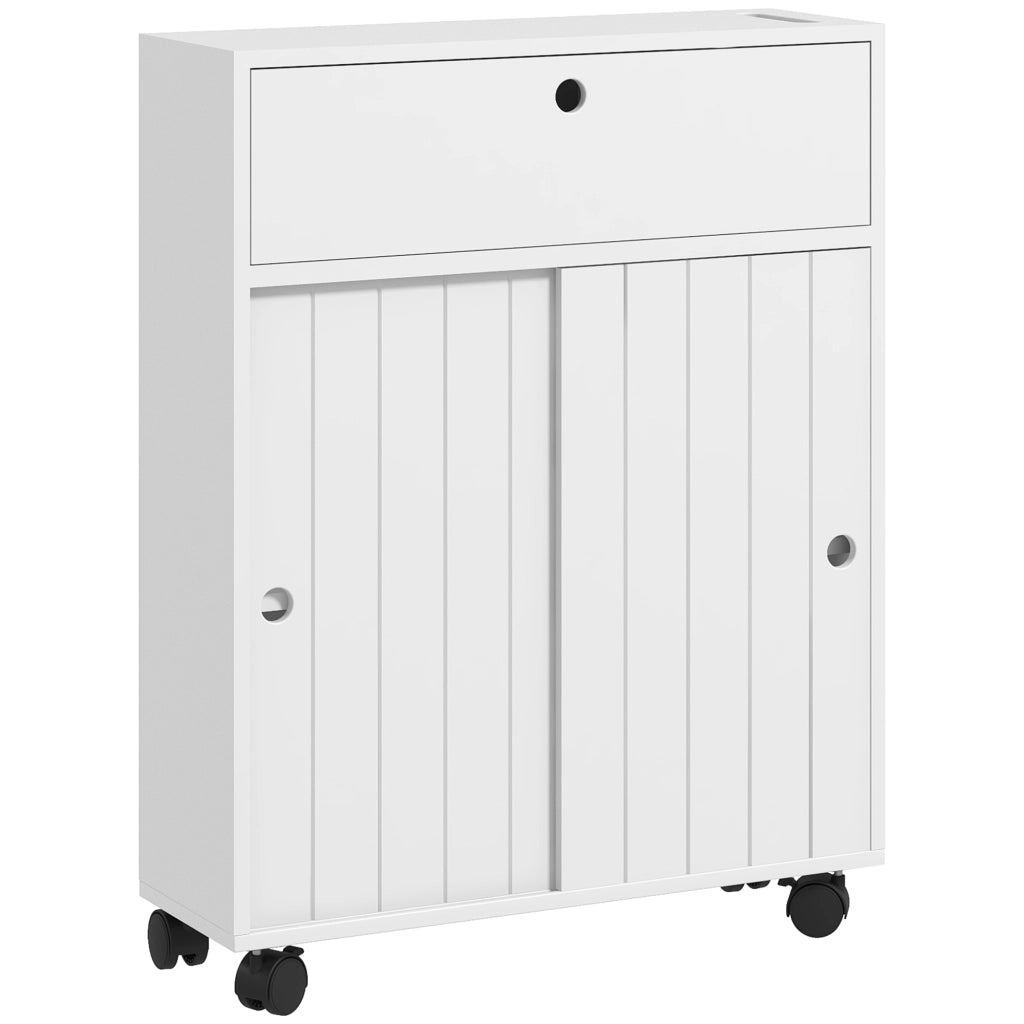 Mobile Bagno Stretto con Ruote, Ante Scorrevoli e Ripiani Regolabili ¨C Minimal ¨C Bianco