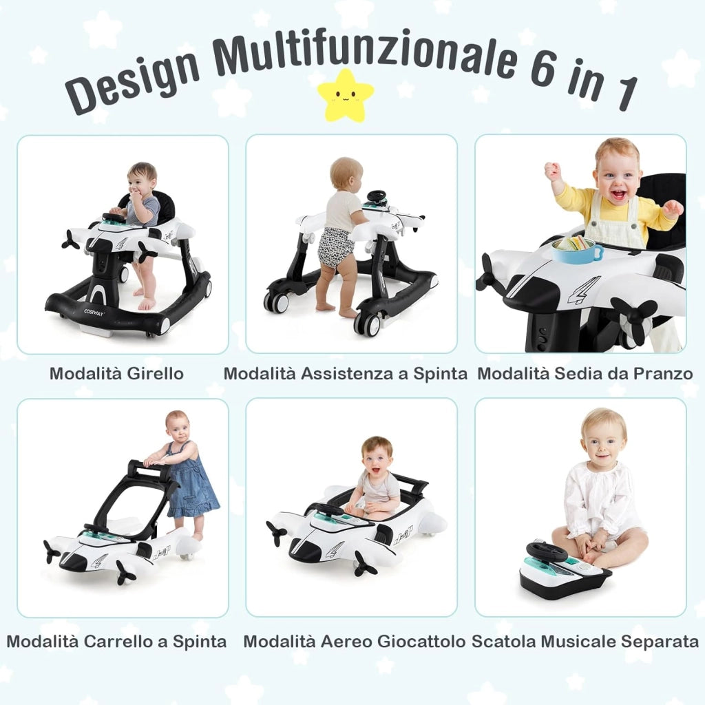 6 in 1 Girello per Bambini, Girello Pieghevole con Altezza Regolabile a 3 Livelli, Scatola Musicale Rimovibile, Vassoio per Alimenti, Portata 12 kg, per Bambini di 6-18 Mesi (Bianco)