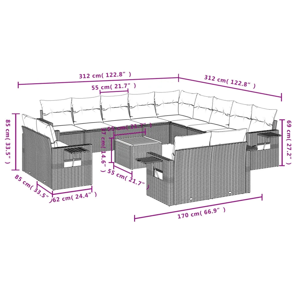 Set Divani da Giardino 14pz con Cuscini in Polyrattan Nero 3257169