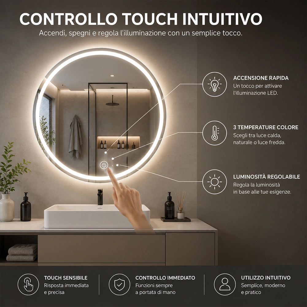Specchio Tondo Diametro 60 cm con Led a 3 Colori Dimmerabile Accensione Touch