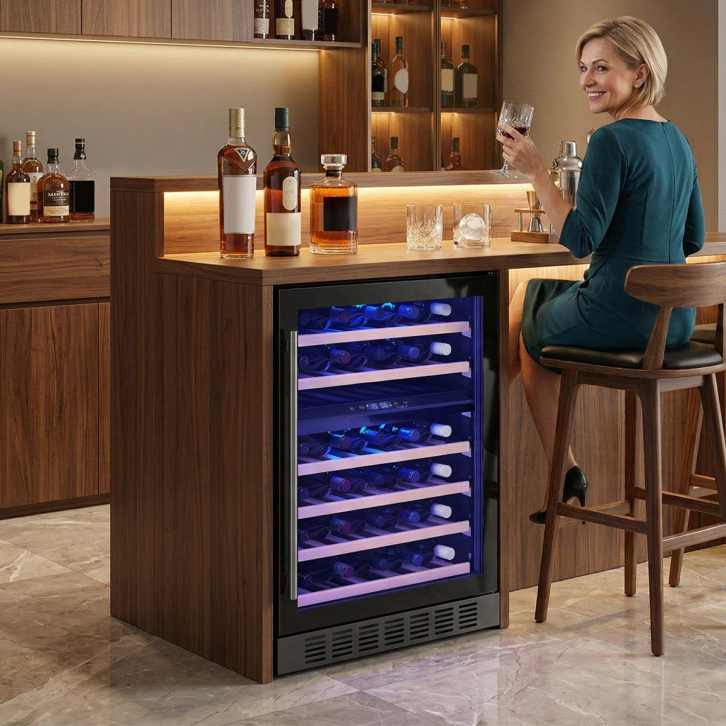 Cantinetta Vino Doppia Temperatura 5–18 °C 46 Bottiglie Capienza 131L con Porta in Vetro Temperato Triplo Nero