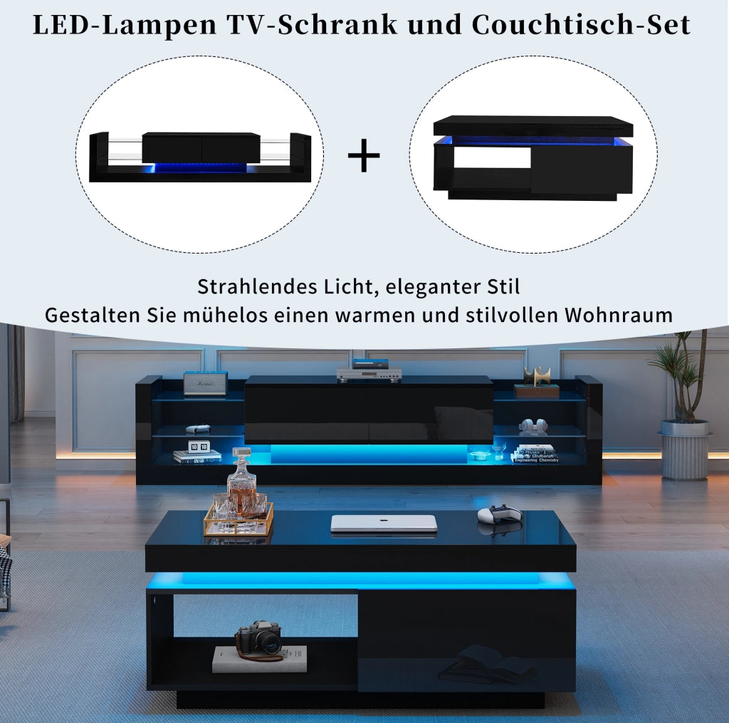 Set mobile TV e tavolino nero lucido con LED