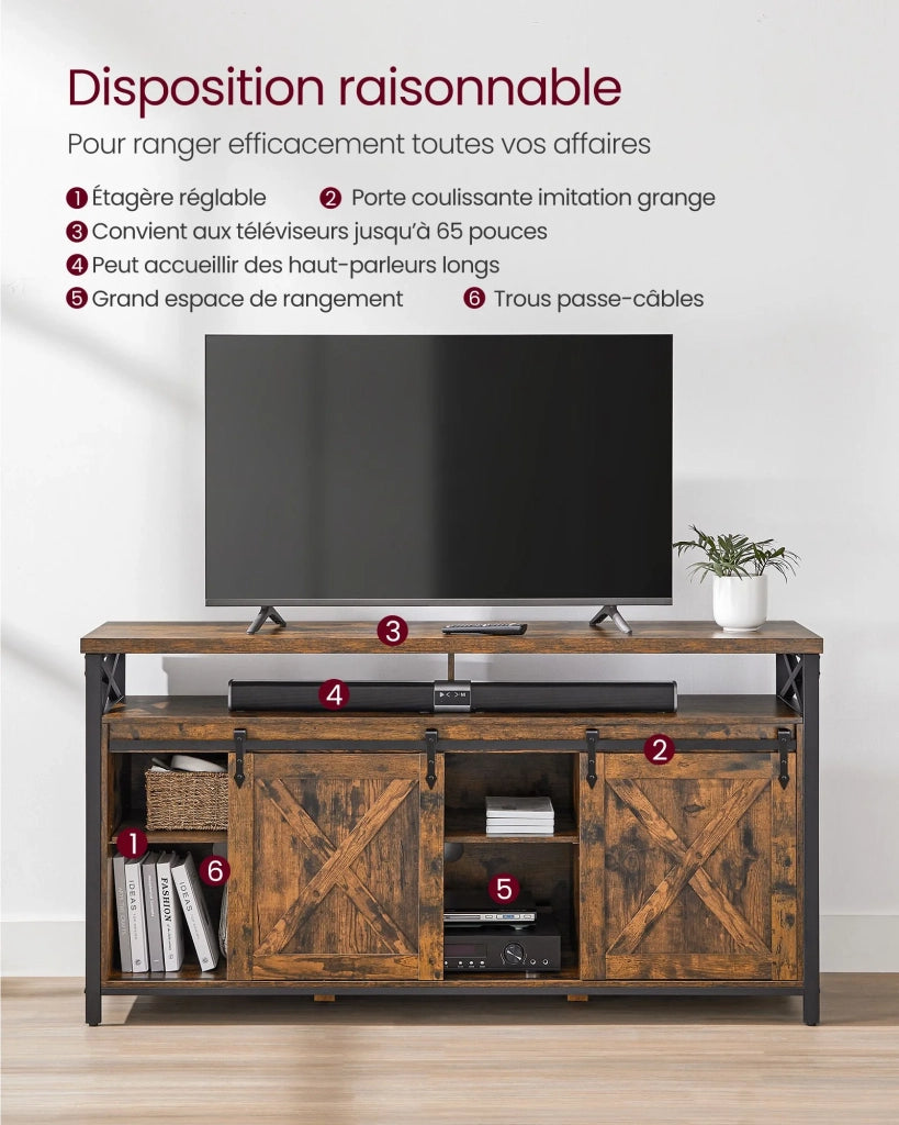 Mobile porta TV per TV fino a 65 pollici con ripiani regolabili 40 x 147 x 76 cm ante in stile fienile rustico struttura in metallo marrone e nero rustico 12_0006574