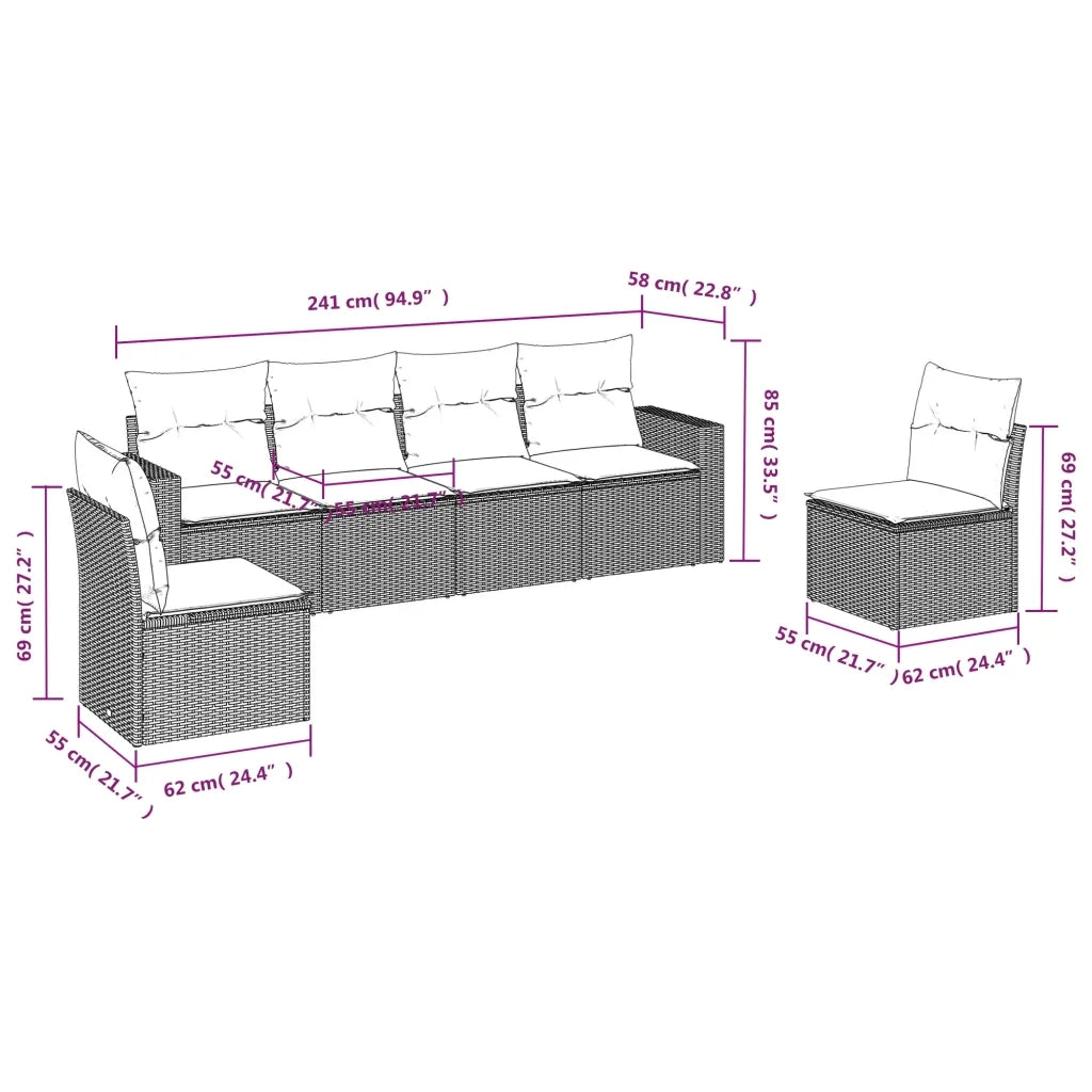 Set Divano da Giardino 6 pz con Cuscini Nero in Polyrattan 3251142