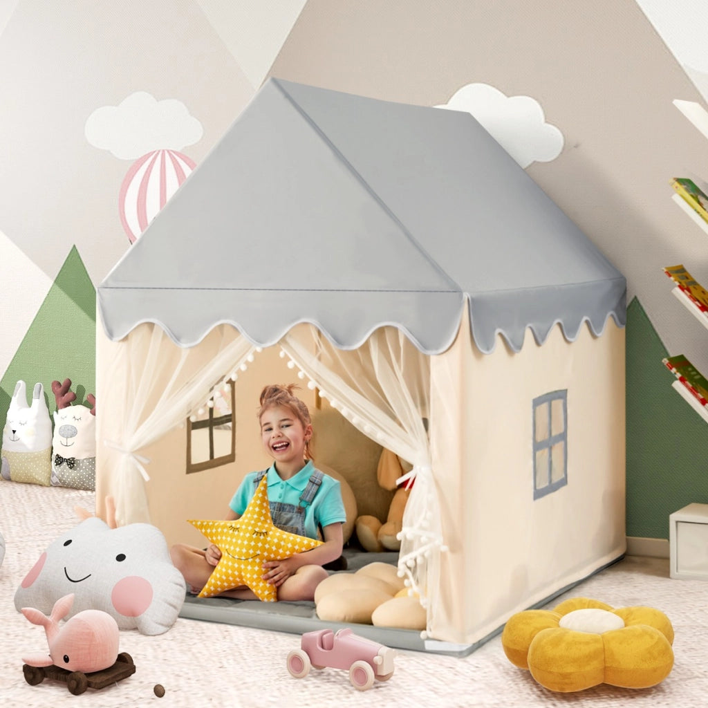 Casetta con tenda struttura in legno e tappetino di cotone, Casa con tenda porta e finestra per bambini Beige