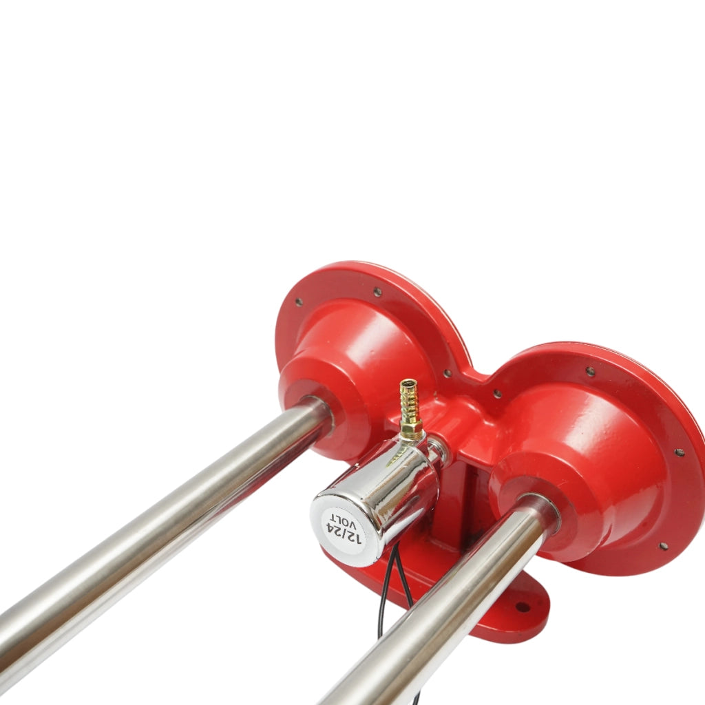 Clacson a 2 trombe rosso 12V/24V per compressore d’aria.