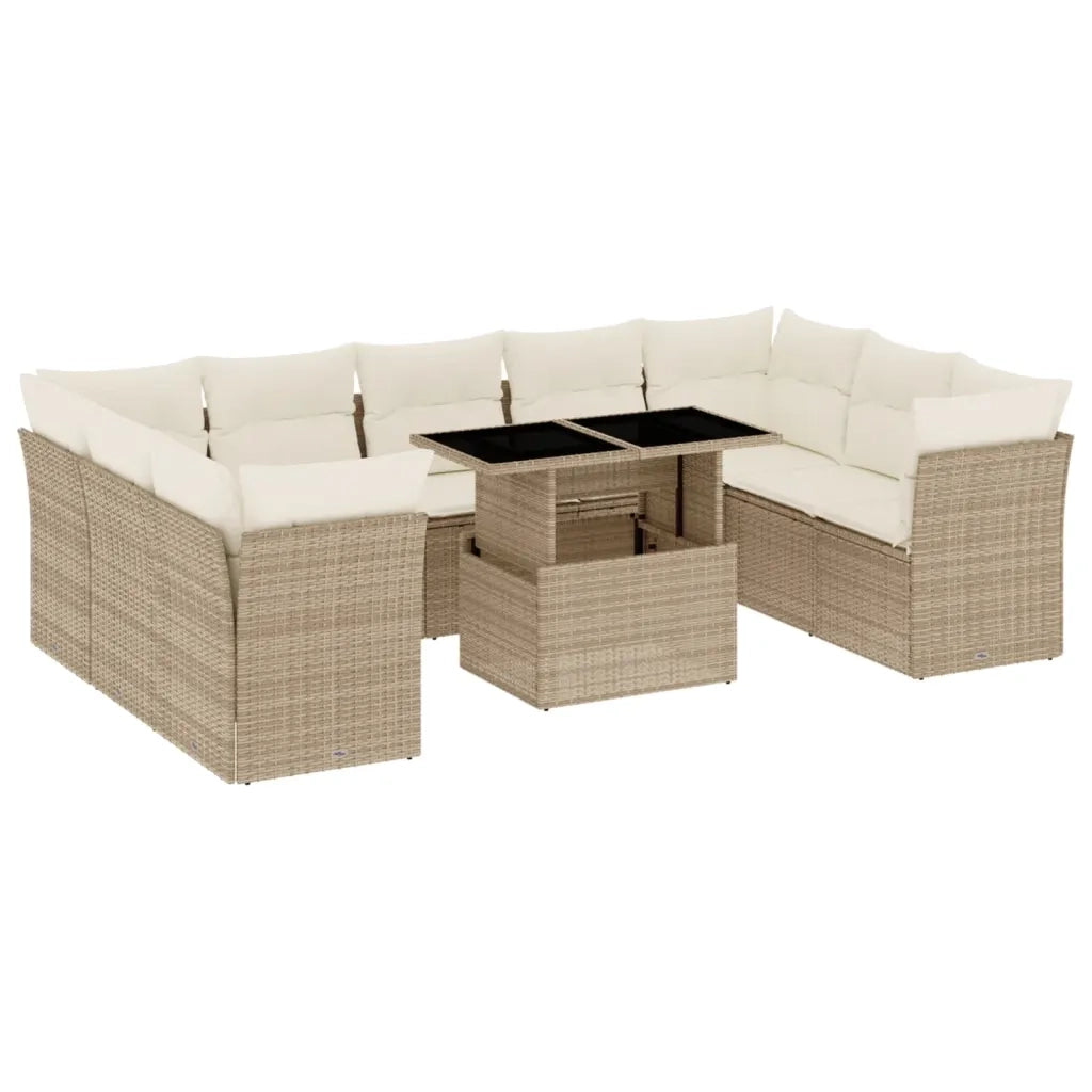 Set Divano da Giardino 10 pz con Cuscini Beige in Polyrattan