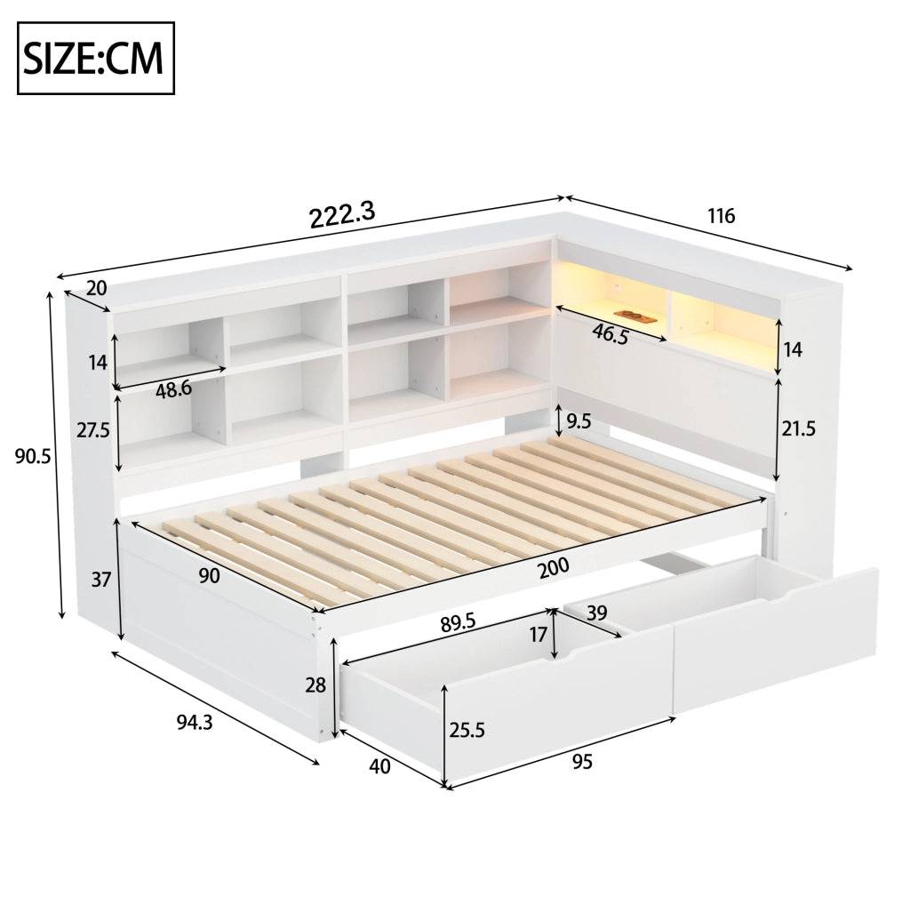 Letto singolo multifunzionale 90 x 200 cm bianco con LED e USB