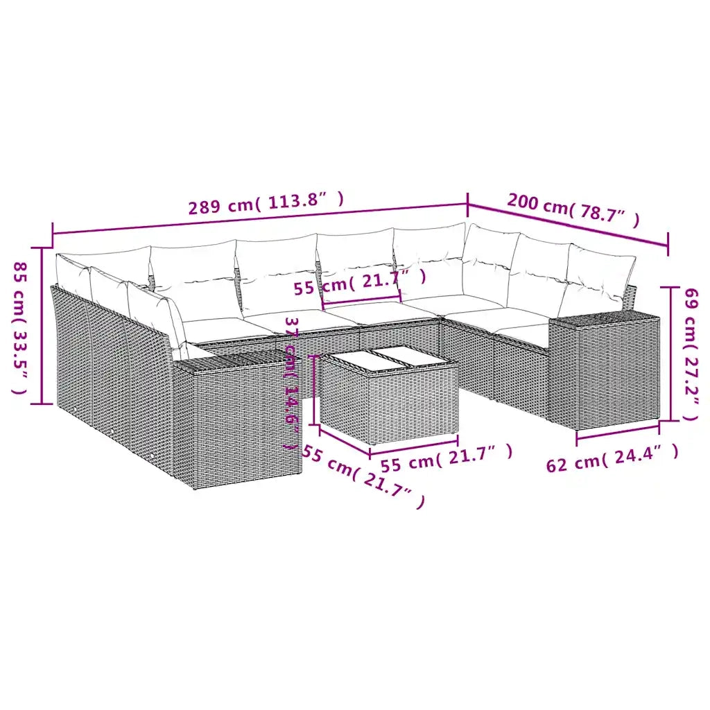 Set Divani da Giardino 10pz con Cuscini in Polyrattan Marrone 3255350