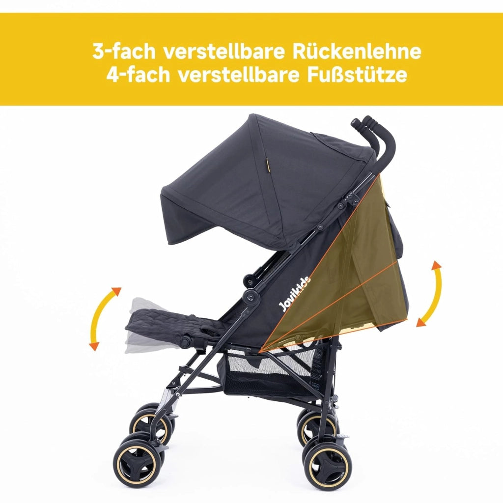 Jovikids Passeggino Pieghevole Compatto con Funzione Sdraiata, fino a 22 kg, Incl. Parapioggia, Parasole e Portabibite, Nero