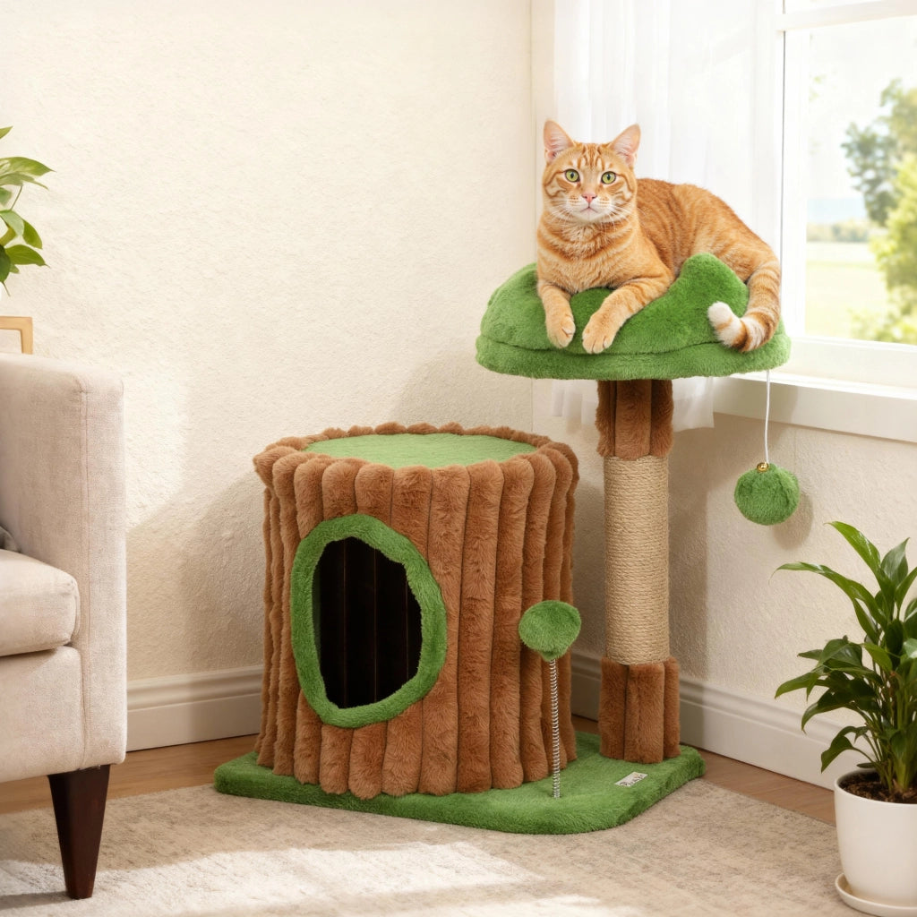 Tiragraffi per Gatti con Casa e Letto ¨C Minimal ¨C Marrone e Verde 53 cm