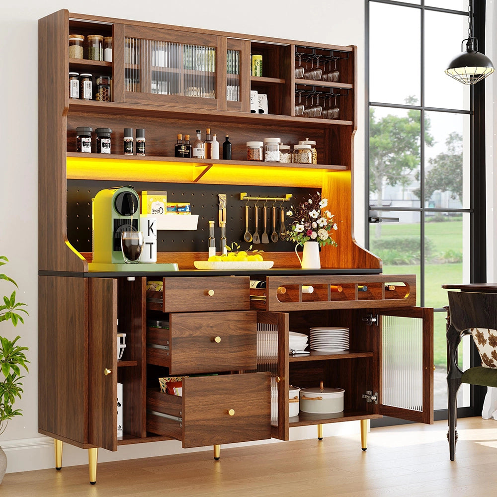 Armadio alto per soggiorno - Xylo - 145¡Á39¡Á171 cm - Noce - Ripiani regolabili, illuminazione LED, cassetto porta bottiglie