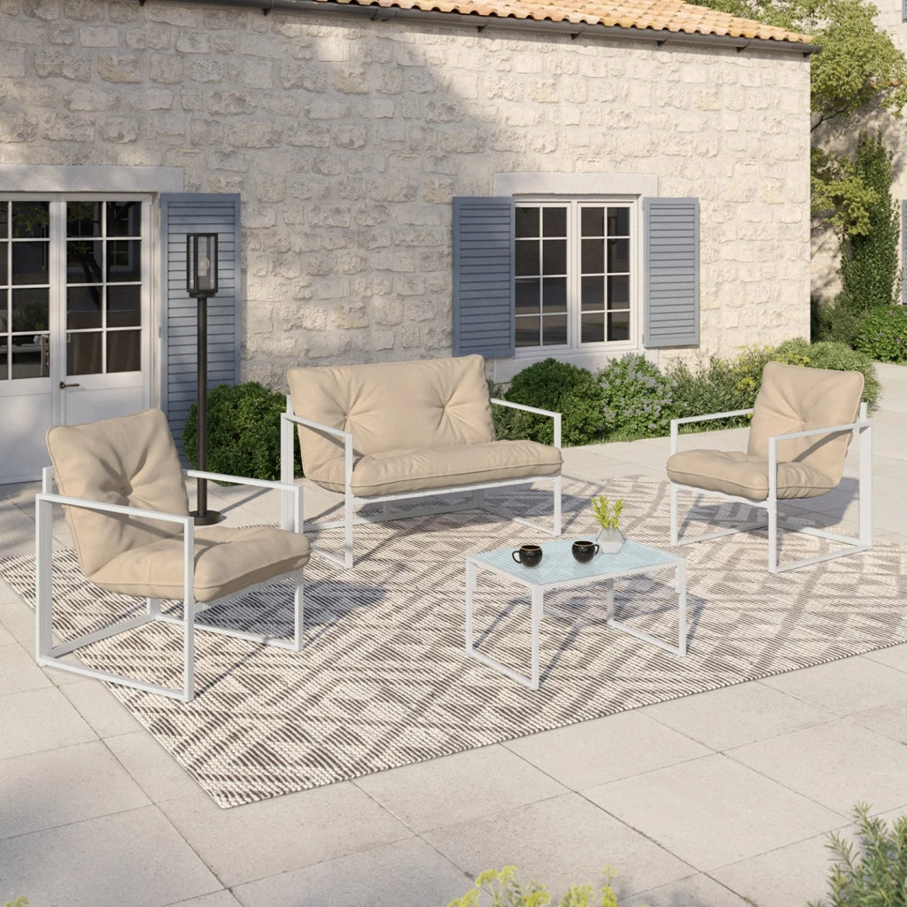 IDMarket - NAIROBI Set di mobili da giardino bassi a 4 posti in acciaio bianco con cuscini beige