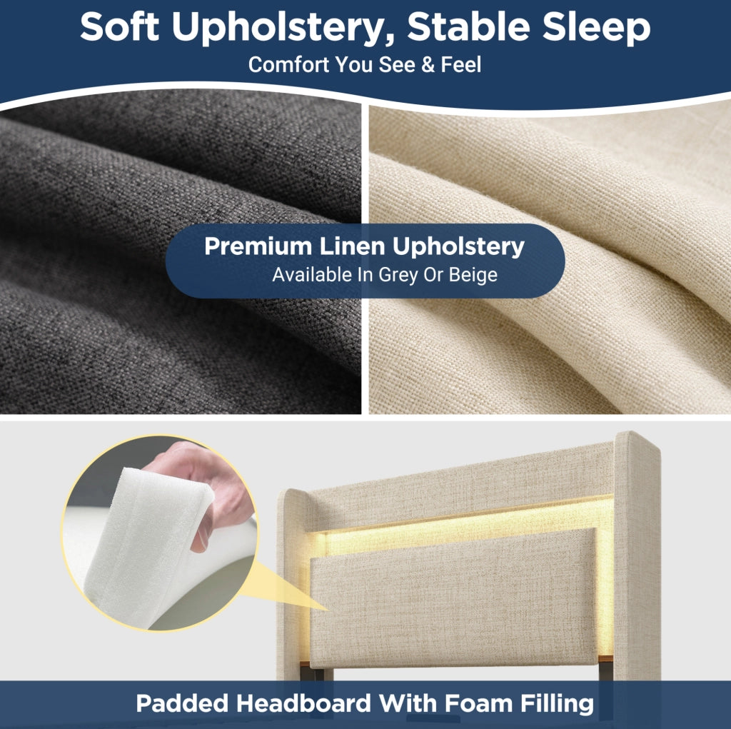 Letto imbottito ULEVR 90x200 cm con contenitore idraulico, cassetto, LED, USB e USB-C, materasso incluso beige