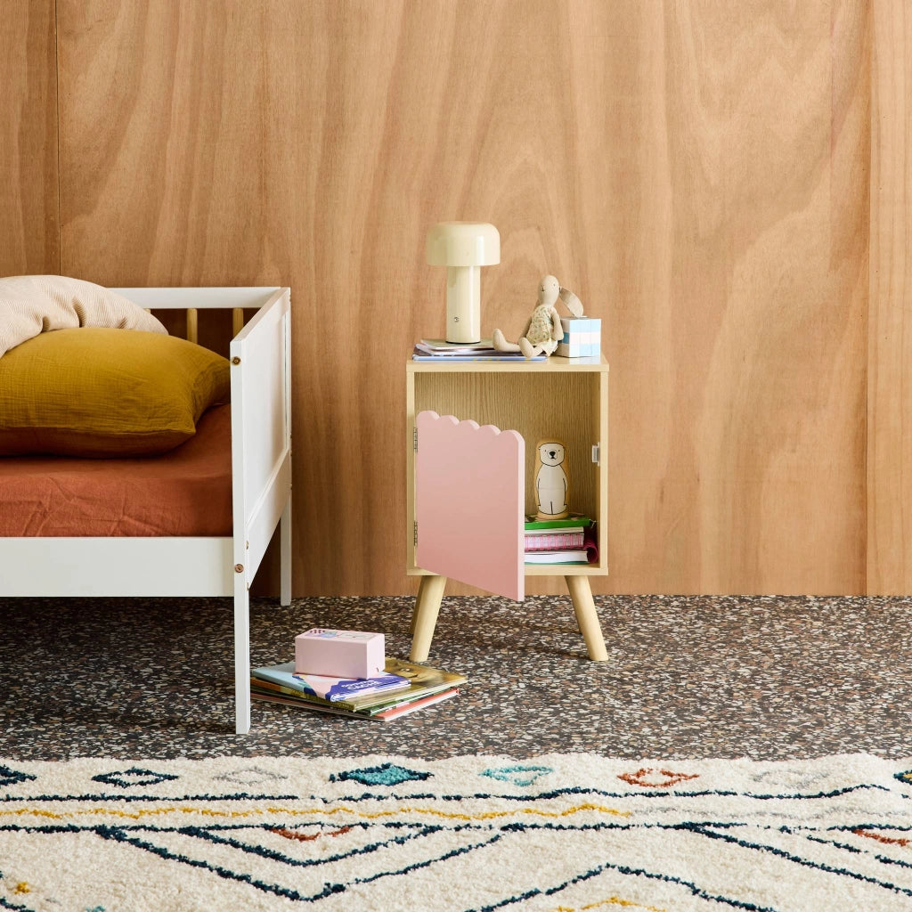 Comodino per bambini decorazione legno 1 anta, rosa