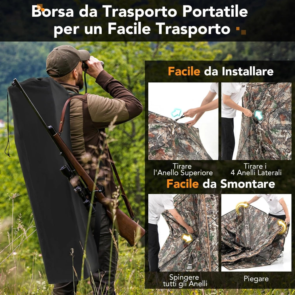 Tenda da Caccia 5 in 1 per 2-3 Persone, Tenda Mimetica a Visione a 360° per Caccia, Tenda Pop-Up Camouflage con Borsa da Trasporto, Attrezzatura Caccia Funzione da Recinto, 148 x 148 x 164 cm