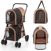 Passeggino pieghevole per animali a doppio livello con 4 ruote, Passeggino 4 in 1 per cani e gatti Beige-Giochi e accessori per cani