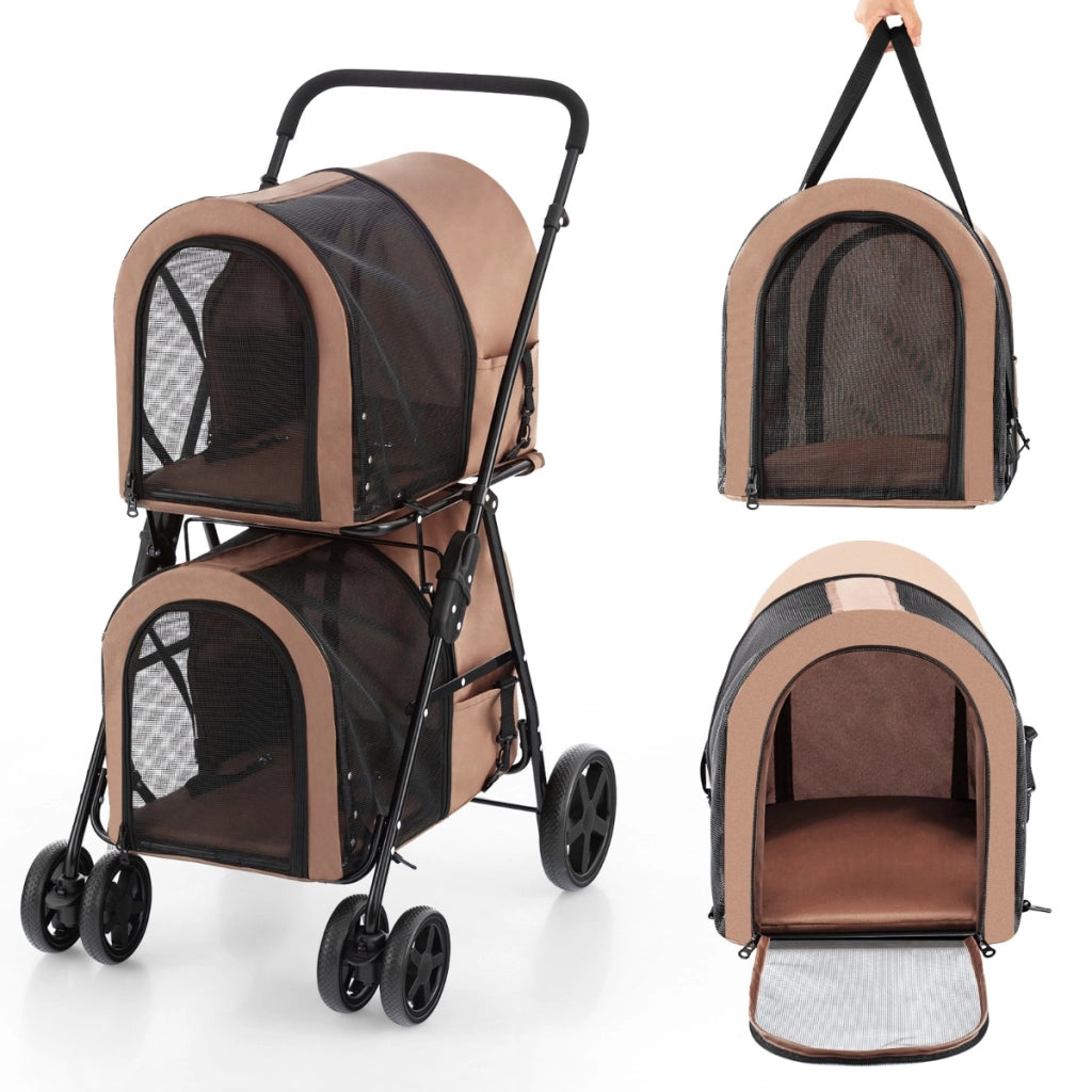 Passeggino pieghevole per animali a doppio livello con 4 ruote, Passeggino 4 in 1 per cani e gatti Beige-Giochi e accessori per cani