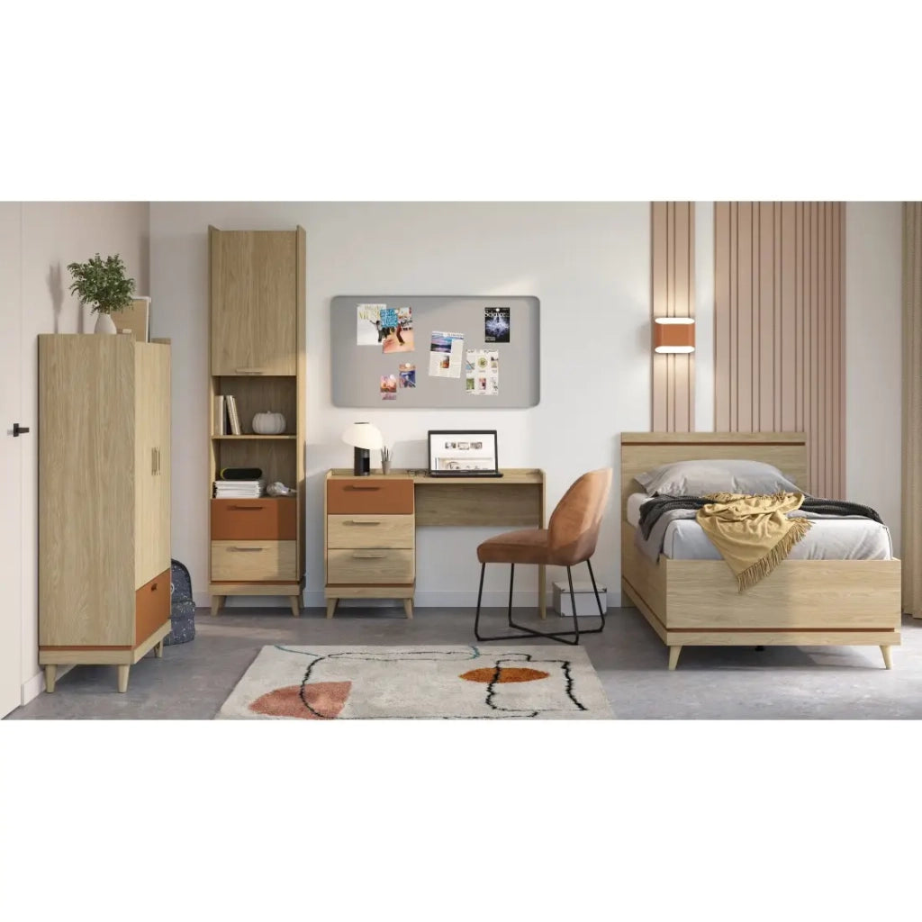 Pack camera bambini NOKI stile scandinavo - Letto + scrivania + armadio + libreria - Rovere chiaro e moka