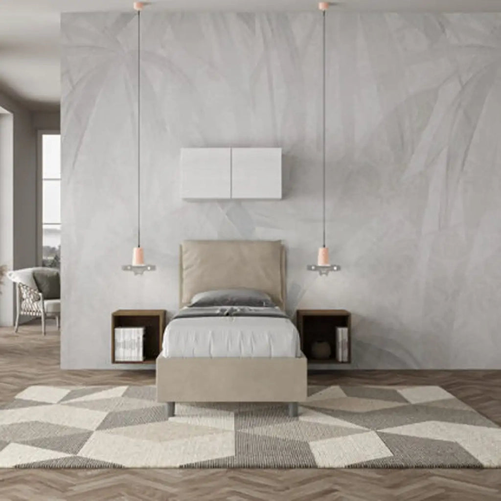 Letto singolo con rete imbottito 80x190 microfibra sabbia Antea